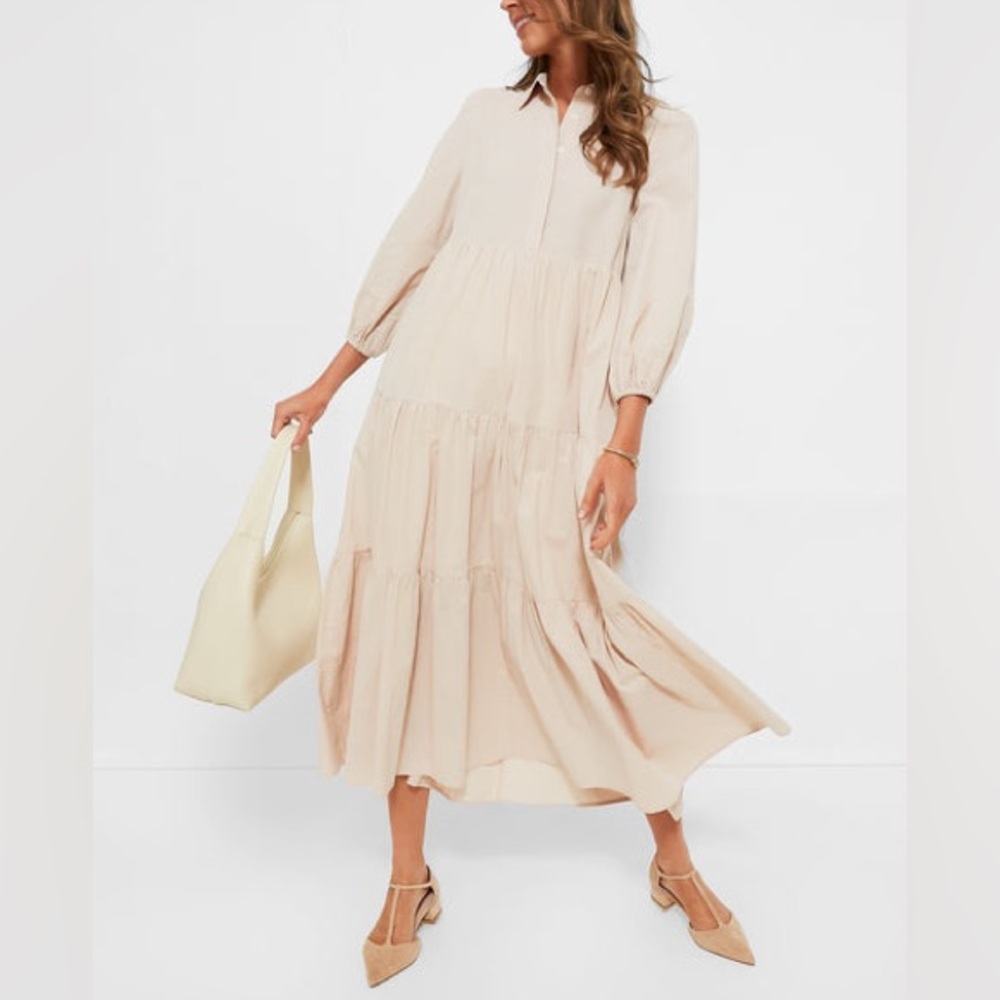 Pomander Place Mabel Sandstone Cotton Tiered Maxi Dress Size M